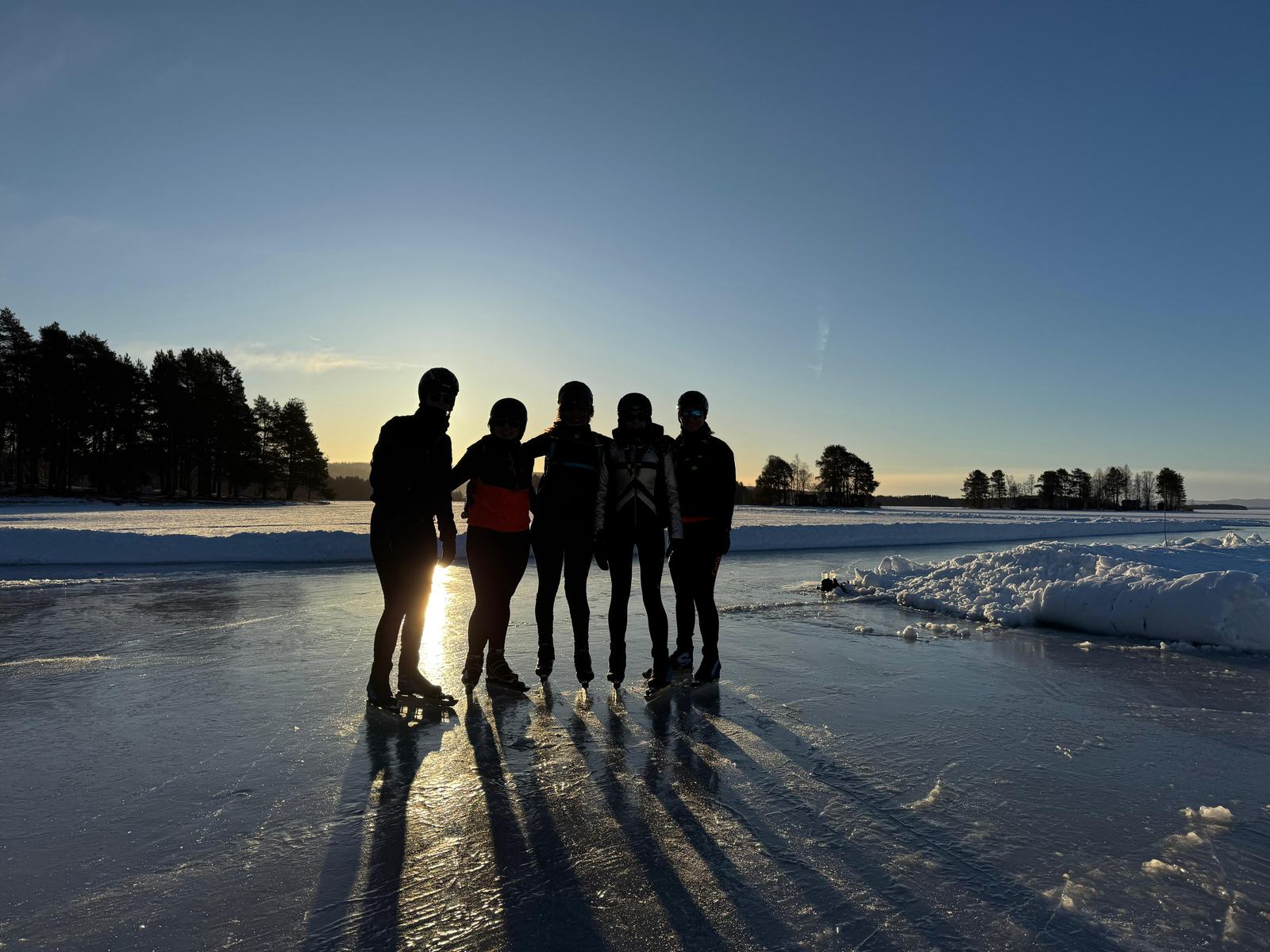 Vijf schaatsers staan als silhouet in tegenlicht op glad donker ijs, met lange schaduwen en bomen op de oever
